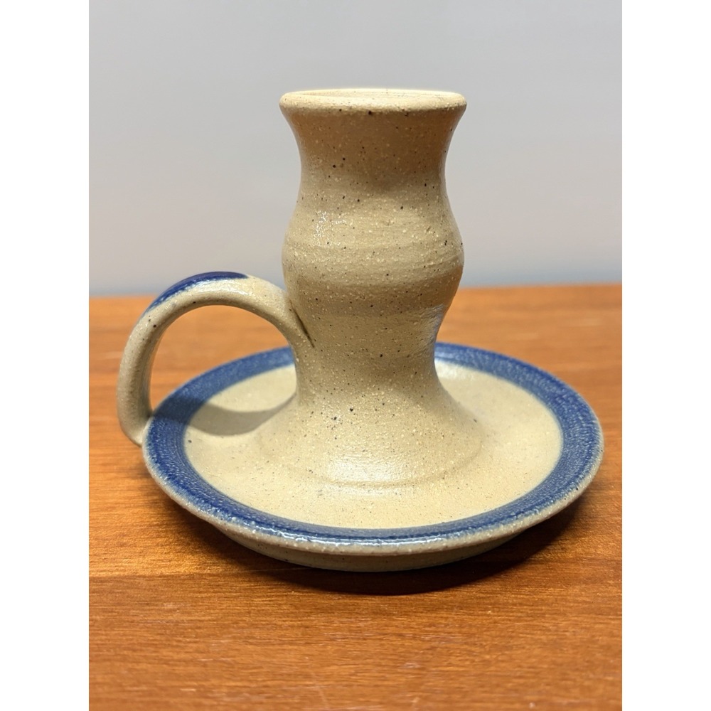 Vintage Conner Prairie Candleholder Blue Accent Salt Glazed Pottery